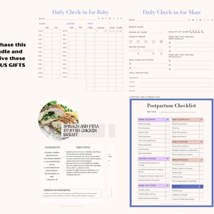 May include: A bundle of printable checklists and charts for baby and mom, including a daily check-in, postpartum checklist, and a recipe for spinach and feta stuffed chicken breast. The image includes the text "Purchase this bundle and receive these BONUS GIFTS."