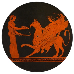 May include: A black and orange ancient Greek pottery design. A woman offers food to a griffin ridden by a person wearing a laurel wreath. The figures are orange against a black background.