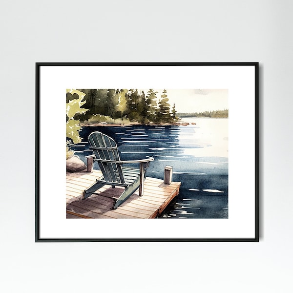 Lakeside Morning On The Dock Art Print | Watercolour Cottagecore Wall Art Adirondack Chair Lakehouse Painting Muskoka Cabin Sunset