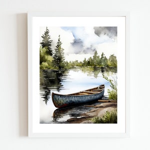 Blue Canoe Art Print | Watercolour Lake Nature | Neutral River Painting