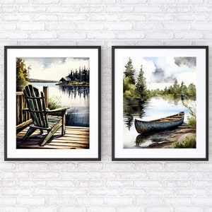 Set of Two Cottage Art Prints| Watercolour Lake Adirondack Wall Art | Nature Camping Canoe Painting | Dock Summer Neutral Muskoka River