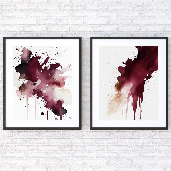 Set of 2 Watercolour Chaos Art Prints | Abstract Burgundy Wall Art | Contemporary Plum Purple Gold Painting | Messy Splash Wine Colour