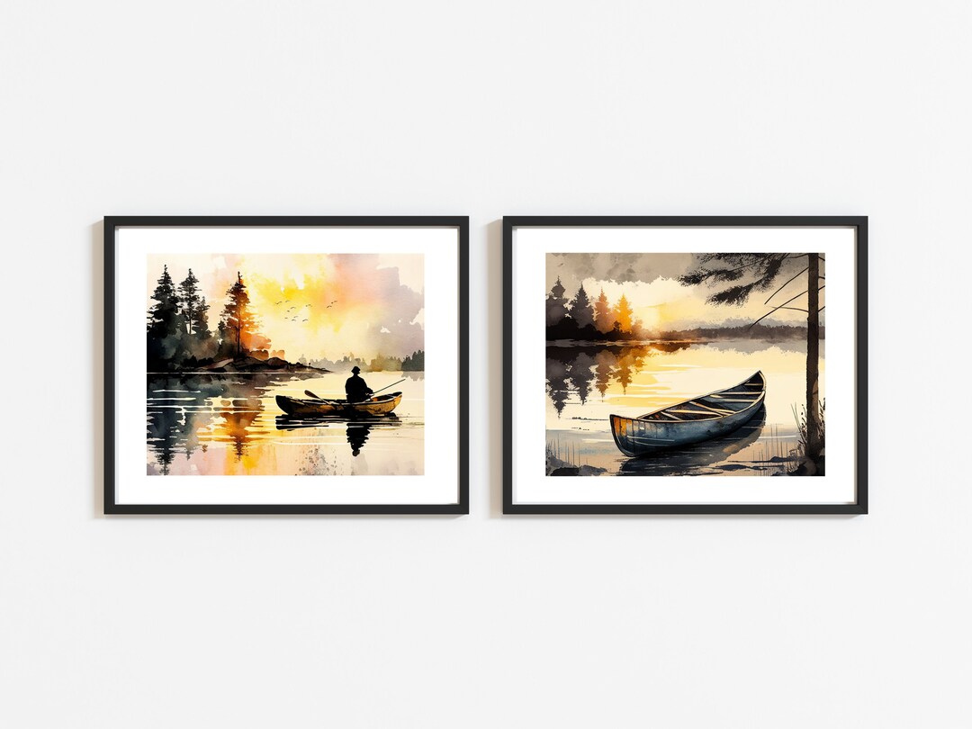 Set of 2 Sunset Canoe Art Prints Watercolour Lake Painting Neutral