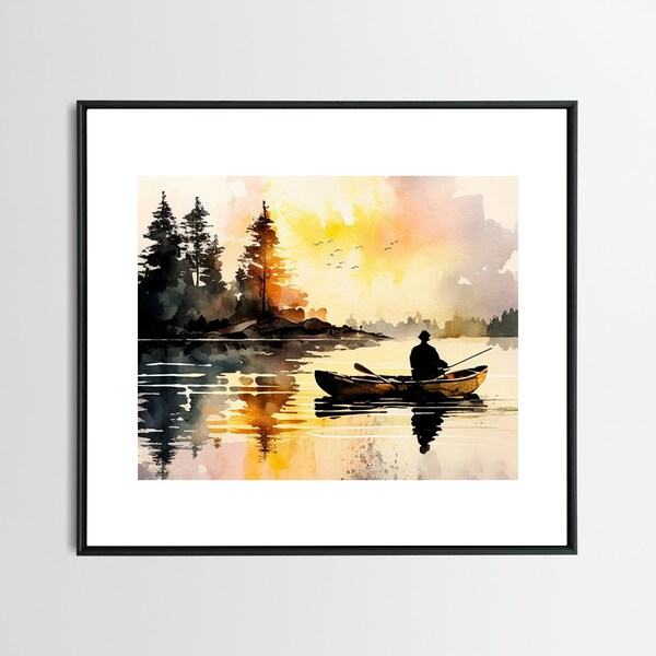 Evening Catch  Art Print | Watercolor Canoe River Painting | Cottagecore Cabin Decor | Lake House Cottage Boat Fishing |