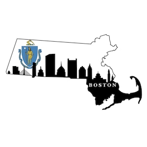 Massachusetts with Flag and City Silhouette Sublimation DTF DTG Image