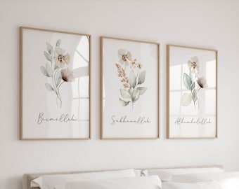 Islamische Wandkunst, Islamische Geschenke, 3er-Set Muslimische Poster & Drucke, Salbeigrün, Creme, Blumendekor, Bismillah Subhanallah Alhamdulillah