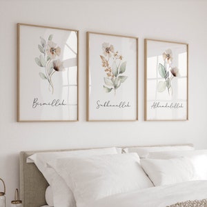 Islamic Wall Art, Islamic Gifts, Set of 3 Muslim Posters & Prints, Sage Green Cream Floral Home Decor, Bismillah Subhanallah Alhamdulillah