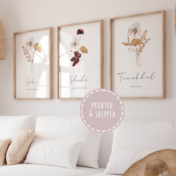 Islamitische muurkunst voor moderne Boho Muslim Home Decor, set van 3 Sabr Shukr Tawakkul posters en prints, inspirerende islamitische geschenken, drieluik