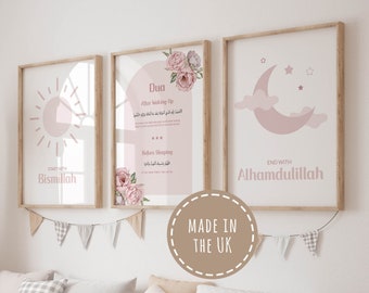 Set of 3 Islamic Nursery Wall Art with Morning and Evening Dua, Cute Muslim Prints and Posters for Children, Pink Islamic Triptych for Kids