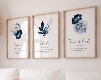 Islamic Wall Art, Islam Posters & Prints Set, Muslim Decor, Eid Gifts, Inspirational Triptych Artwork, Sabr Shukr Tawakkul Quotes
