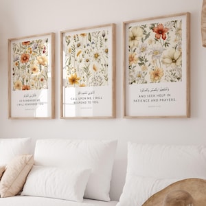 May include: Three framed prints with floral illustrations and Arabic text. The text translates to "So remember me, I will remember you." "Call upon me, I will respond to you." and "And seek help in patience and prayers."