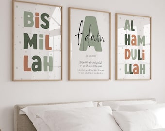 Set of 3 Personalized Islamic Wall Art Posters Children, Islam Prints Earth Tones Green and Orange, Nursery Décor, Eid Gift for Muslim Kids