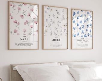 Set of 3 Islamic Wall Art Posters with Inspirational Quotes - Sabr Shukr Tawakkul, Islamic Eid Gifts for Modern Muslim Home Decor