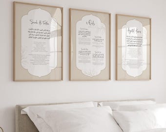 Set mit 3 Islamischen Wand Kunst Postern, Koran Vers Ayatul Kursi & 4 Quls Kunstdrucke Triptychon, Beige Muslimischen Wohnkultur, Sure Al Fatiha Poster