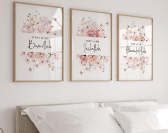 3er-Set Islamische Wandkunst Poster, Eid-Geschenke für moderne muslimische Wohnkultur, inspirierende islamische Zitate Drucke, rosa Blumen Bismillah Art
