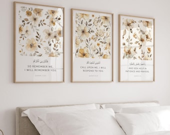 Set of 3 Quran Verse Islamic Wall Art Posters, Eid Gifts for Modern Muslim Home Decor, Islamic Quotes, Inspirational Prints Neutral Floral