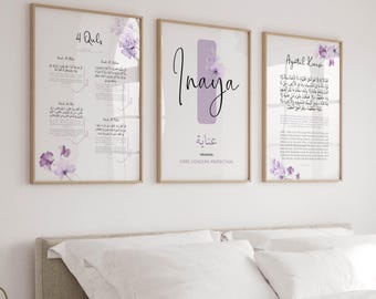Set of 3 Personalized Islamic Wall Art Prints for Children, Quran Ayatul Kursi Quls Posters, Purple Nursery Décor, Eid Gift for Muslim Girls