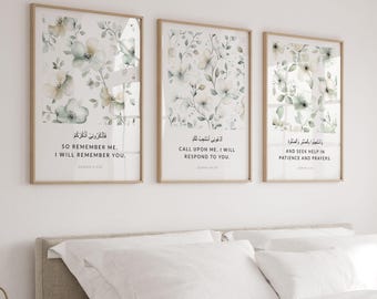 Islamic Wall Art Prints, Set of 3 Quran Verses Posters, Sage Green Floral Muslim Home Decor Gifts