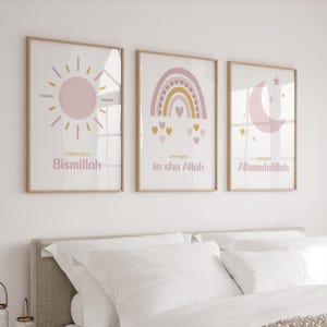 Set of 3 Islamic Wall Art Prints for Children, 3 Piece Muslim Nursery Posters, Islamic Gifts for Girls, Bismillah Islam Posters for Kids