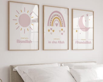 Set of 3 Islamic Wall Art Prints for Children, 3 Piece Muslim Nursery Posters, Islamic Gifts for Girls, Bismillah Islam Posters for Kids