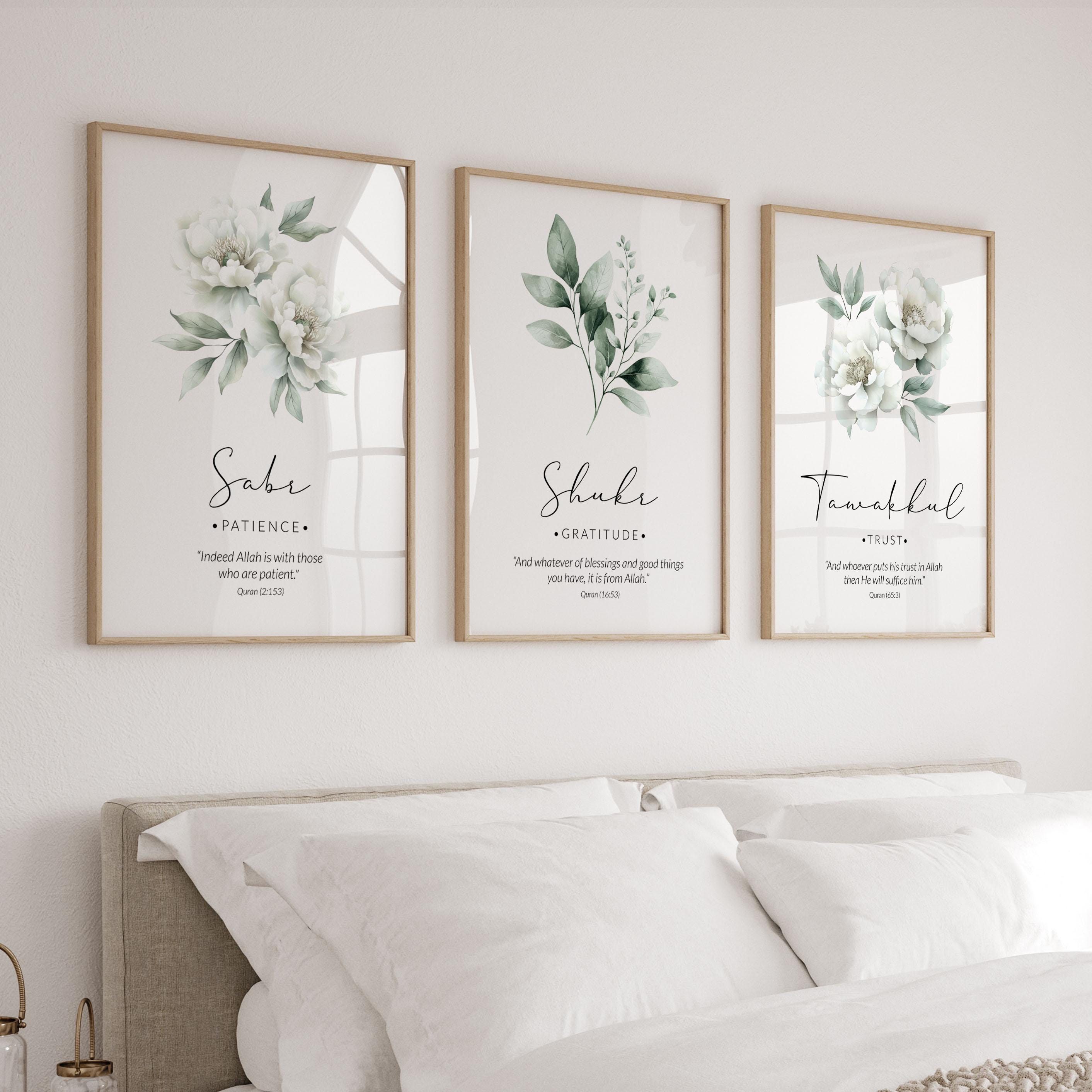 Set of 3 Islamic Wall Art Posters with Inspirational Quotes - Sabr Shukr Tawakkul, Islamic Eid Gifts for Modern Muslim Home Decor