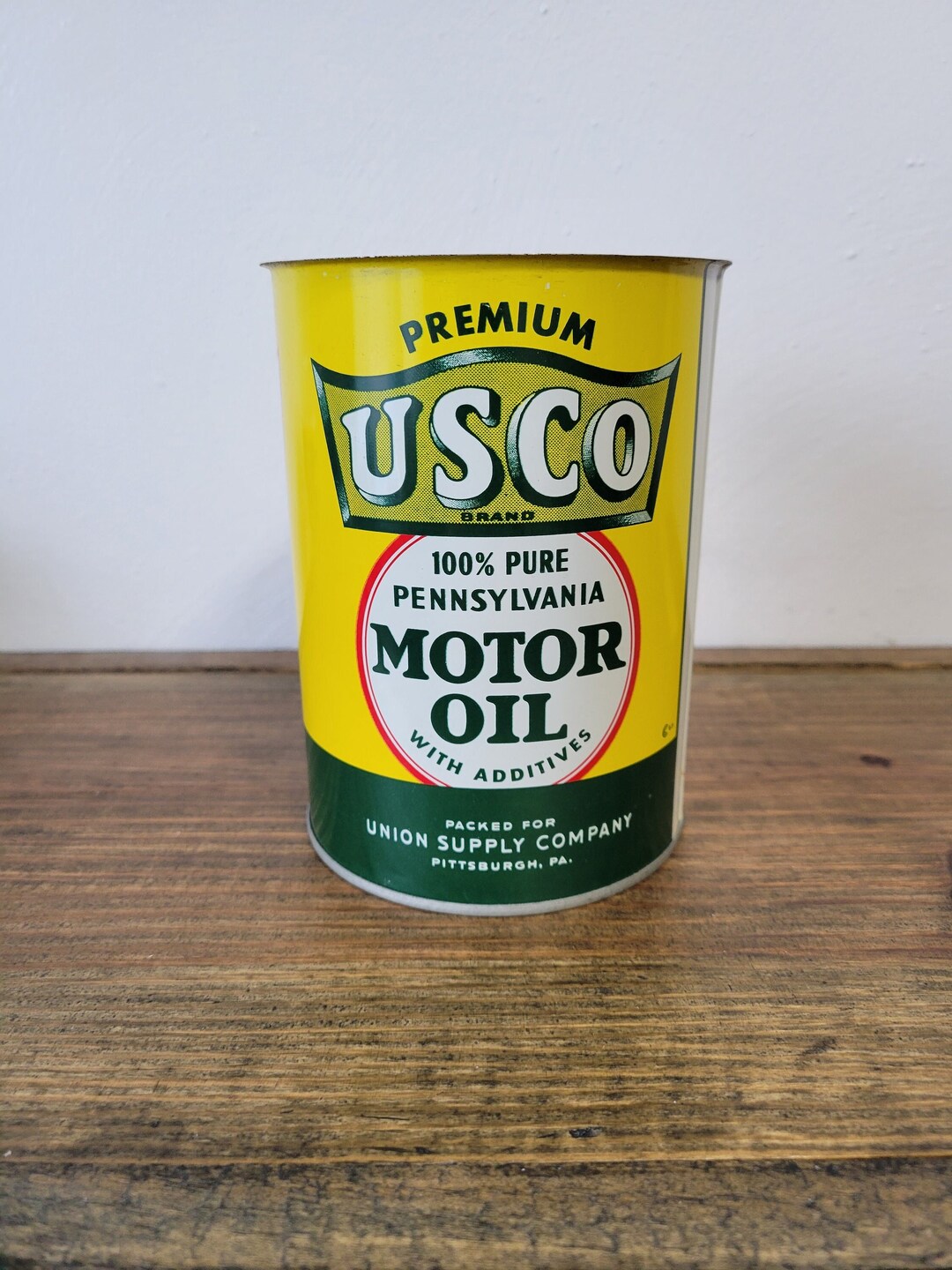 Vintage Premium USCO Motor Oil Can Pittsburgh Pennsylvania Union Supply