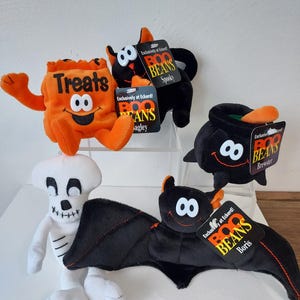 Boo Beans Stuffed-Stuffies-Set of 5- Mr. Bones-Brewster-Bagley-Boris-Spooky-Kitty-Skeleton-Bat-Treat Bag-Cauldron-Halloween Decor-1990&#39;s