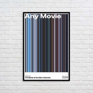 Può includere: Un poster verticale incorniciato con il testo Any Movie in alto e A film by The Name of the Film's Director 2026 in basso. Il centro mostra una serie di sottili strisce verticali colorate nelle tonalità del blu, del nero e del marrone.