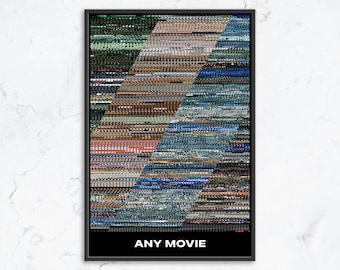 May include: A rectangular framed poster featuring a dense, abstract composition of horizontal lines in varying shades of blue, green, brown, and black. The design is divided into diagonal sections. The text ANY MOVIE is printed in white at the bottom.
