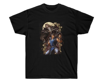 May include: Black t-shirt featuring a graphic print of two characters from a video game. The characters are standing in front of a moon and flowers. One character is wearing a black coat and holding a sword. The other character is wearing a blue shirt and holding a whip.