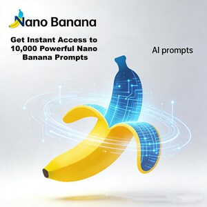 Puede incluir: Ilustración digital de un plátano amarillo con una cáscara azul con forma de circuito. Se muestra el texto "Nano Banana" y "Get Instant Access to 10,000 Powerful Nano Banana Prompts". También son visibles las palabras "AI prompts".