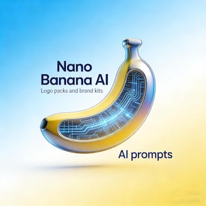 Op de afbeelding: Een digitale illustratie van een gele banaan met een zilveren punt en een printplaatontwerp aan de binnenkant. De tekst "Nano Banana AI" en "Logo packs and brand kits" worden weergegeven. De woorden "AI prompts" zijn ook zichtbaar.