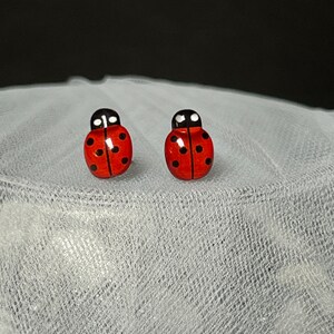 May include: A pair of ladybug earrings with black and white details on a red background. The earrings are on a white background.