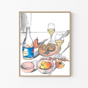 Bar Cart Art Print met wijn- en fruitstilleven, fruitprints, aquarel, woonkamerkunst, keukenkunstwerk, digitale bestanden
