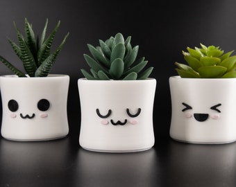Set van 3 kleine - 3D Geprinte Marshmallow Planter, Eco Friendly, Happy, Smiling, Candy Pot, Cute Plant, Fake Succulent bowl, Kawaii, Anime