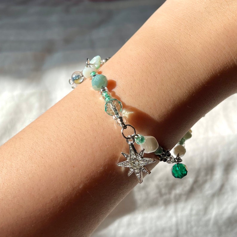 Pretty Sage Green Floral Beaded Chain Charm Bracelet handmade Etsy