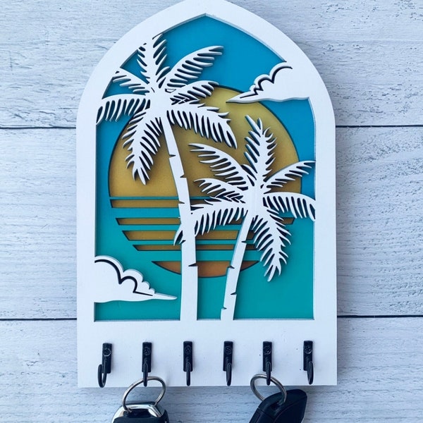 Palm Tree Keyring Holder - Handcrafted Wooden Wall Organizer, Tropical Decor Key Hanger, Unique Housewarming Gift
