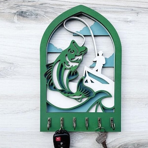 Fishing Arch Key Holder - Handcrafted Wooden Wall Organizer, animal Decor Key Hanger, Unique Housewarming Gift