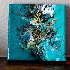 Metallic Flüstern - Abstraktes Acryl Fluid Art Gemälde - Original 15x15 cm