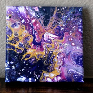 May include: Abstract painting on canvas with swirling patterns in shades of purple, pink, gold, and white.