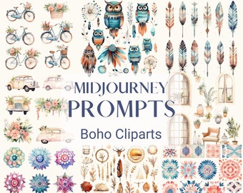 Midjourney Prompts for Boho Clipart Illustrations Watercolor Best Midjourney Prompt for Clipart AI Watercolor Stickers Prompt Mid Journey