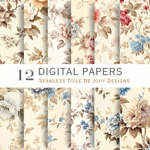 Seamless Beige Toile de Jouy Digital Paper Seamless French Pattern Scrapbook Paper Flower Seamless Bundle Commercial Use Patterns