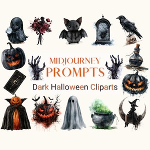 May include: A collection of dark Halloween themed digital illustrations featuring a ghost, a bouquet of dark roses, a bat, a clock, a raven on a skull, pumpkins, zombie hands, a potion bottle, a tarot card, a cauldron, and a witch on a moon.