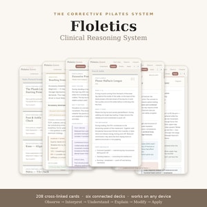 May include: The Floletics Clinical Reasoning System is a digital interface featuring 208 cross-linked cards across six connected decks. The screen displays educational content on the Flexor Hallucis Longus muscle, postural screening, and breathing strategies.