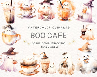 Boo Coffee PNG Watercolor Ghost Coffee Cliparts Adorable Ghost Cozy Bundle Pumpkin Halloween  Kawaii Boo Boba Graphics Spooky Transparent