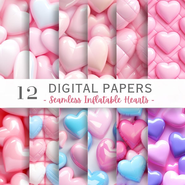 Inflatable Hearts Seamless Puffy Pattern Digital Download 3D Balloon Hearts Sublimation Fabric Valentine Craft Red Hearts Puffy Patterns