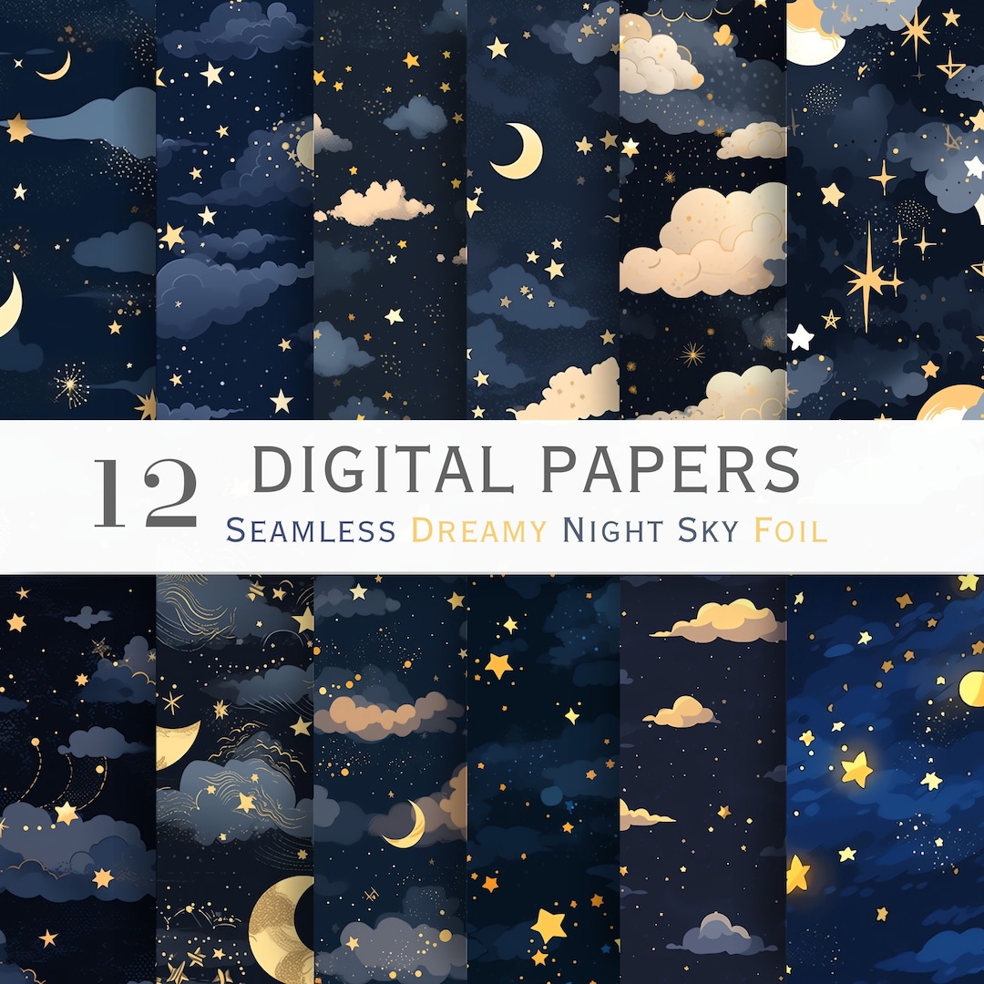 Seamless Night Sky Gold Foil Pattern Digital Paper Seamless Night ...