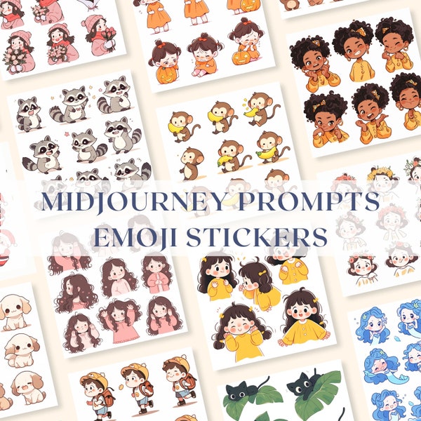 Midjourney Prompts Emoji Stickers AI Guide Journal Stickers Midjourney Prompts for Sticker Prompt Emoji Packs Vector Prompt Cute Characters