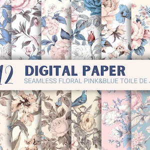 Seamless Pink and Blue Toile de Jouy Digital Paper Seamless French Pattern Scrapbook Paper Flower Seamless Bundle Commercial Use Patterns image 1