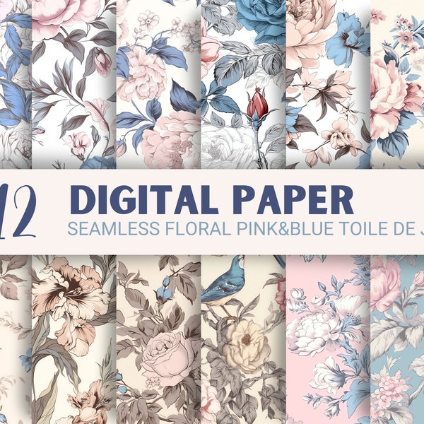 Seamless Pink and Blue Toile de Jouy Digital Paper Seamless French Pattern Scrapbook Paper Flower Seamless Bundle Commercial Use Patterns